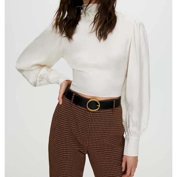 Wilfred Women's 2XS Ivory Avorio Leigh Blouse High Neck Shiny Backless Top $138 - Picture 3 of 10